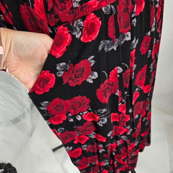 718-5 Torrid Midi Stretch Challis Tie Neck Dress Rose Black Floral Size 2 18/20 - Picture 9 of 16